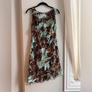 SL Fashions Asymmetrical Brown and Mint Dress with Sheer Ruffle Overlay, y2k